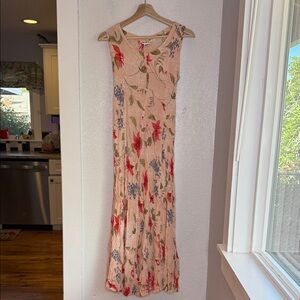 La D Da Peach Floral Maxi Dress Boho Cottagecore Rayon Crinkle Summer Dress S